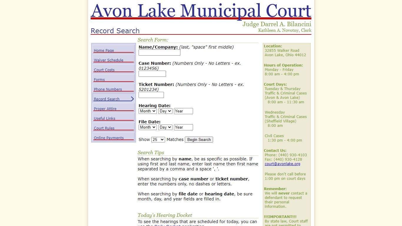 Record Search - Avon Lake Municipal Court