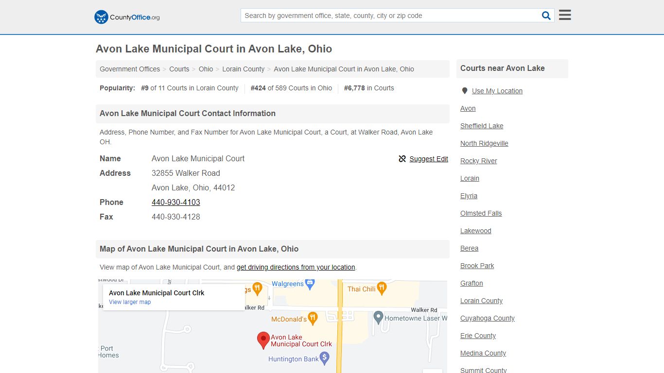 Avon Lake Municipal Court - Avon Lake, OH (Address, Phone, and Fax)